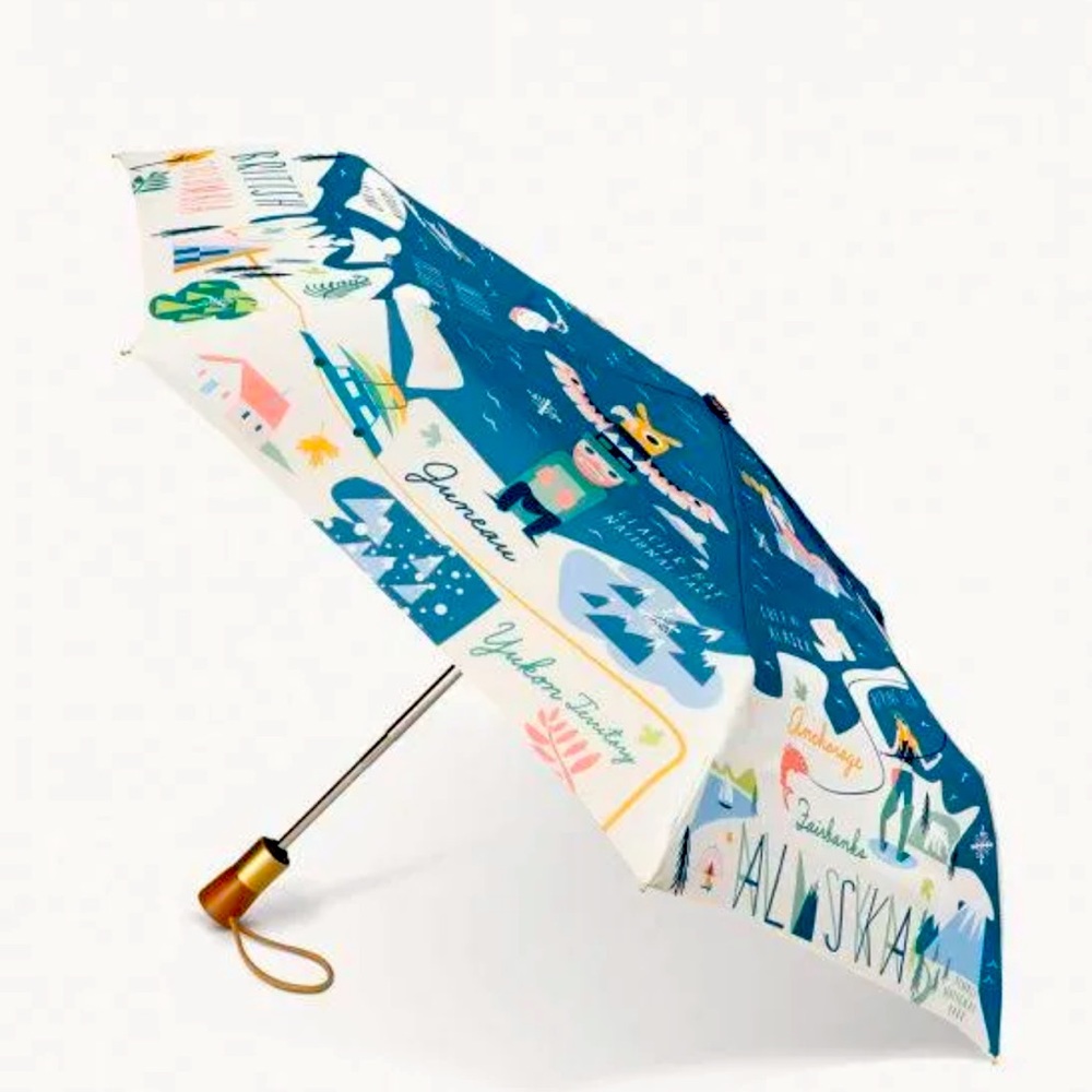SPARTINA 449 Pacific Northwest Travel Umbrella Foldable w/ Cover Wood Handle NEW
